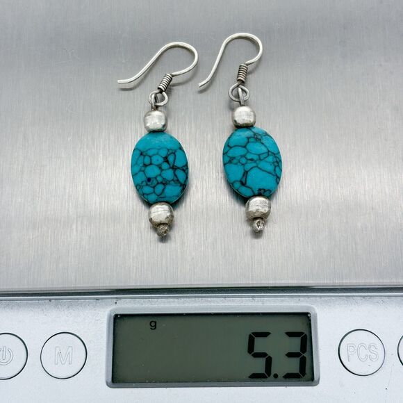 Vintage Silver Tone Synthetic Turquoise Dangle Earrings - Picture 4 of 4